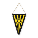 Schwarzgelber BVB-Schmuckwimpel mit Vereinslogo in der Mitte, dreieckig mit schwarzen Fransen und Kette zum Aufhängen