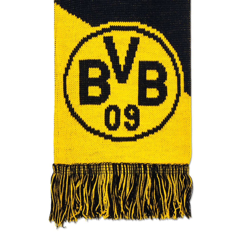 BVBのロゴが大きくあしらわれ、1909という年号が入った、黒と黄色のBVBファンスカーフ。縁には装飾的なフリンジが付いています。ボルシア・ドルトムントのファンにとって、まさにうってつけのアイテムです。