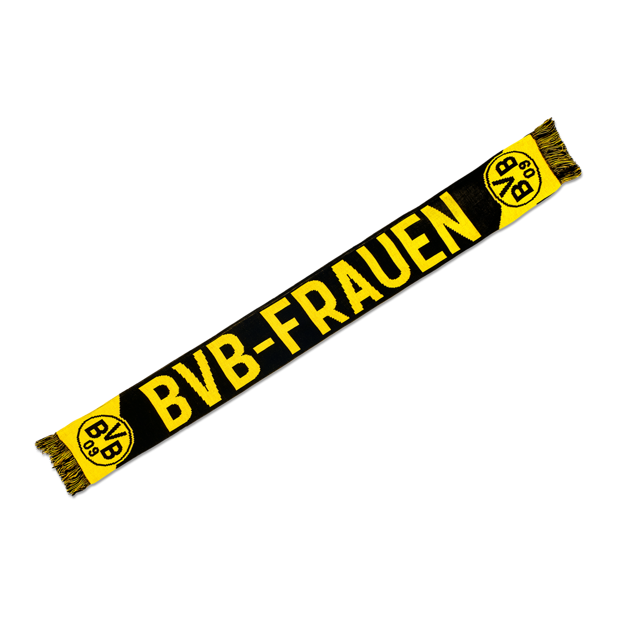 Bufanda del BVB para mujer, en colores negro y amarillo, con el logotipo del BVB y la inscripción «BVB-Frauen» vista de perfil.