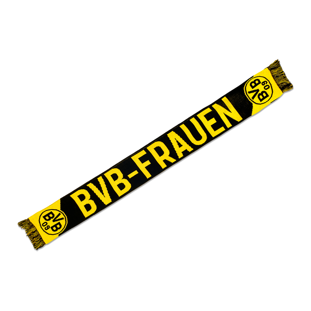 BVBのロゴと「BVB-Frauen」の文字が側面から見える、女性用の黒と黄色のBVBスカーフ。