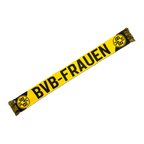 黒と黄色の配色のBVBスカーフで、「BVB-Frauen」の文字と両端にBVBのロゴが入っており、BVB女子サッカーのファンに最適です。
