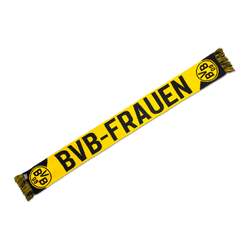 黒と黄色の配色のBVBスカーフで、「BVB-Frauen」の文字と両端にBVBのロゴが入っており、BVB女子サッカーのファンに最適です。