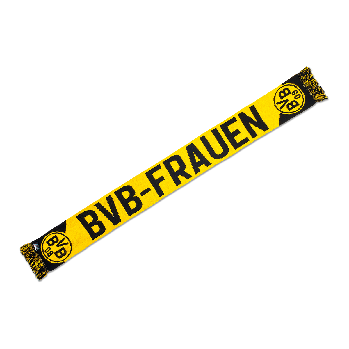 Sciarpa del BVB nei colori nero e giallo con la scritta "BVB-Frauen" e i loghi del BVB alle estremità, ideale per i tifosi della squadra femminile del BVB.
