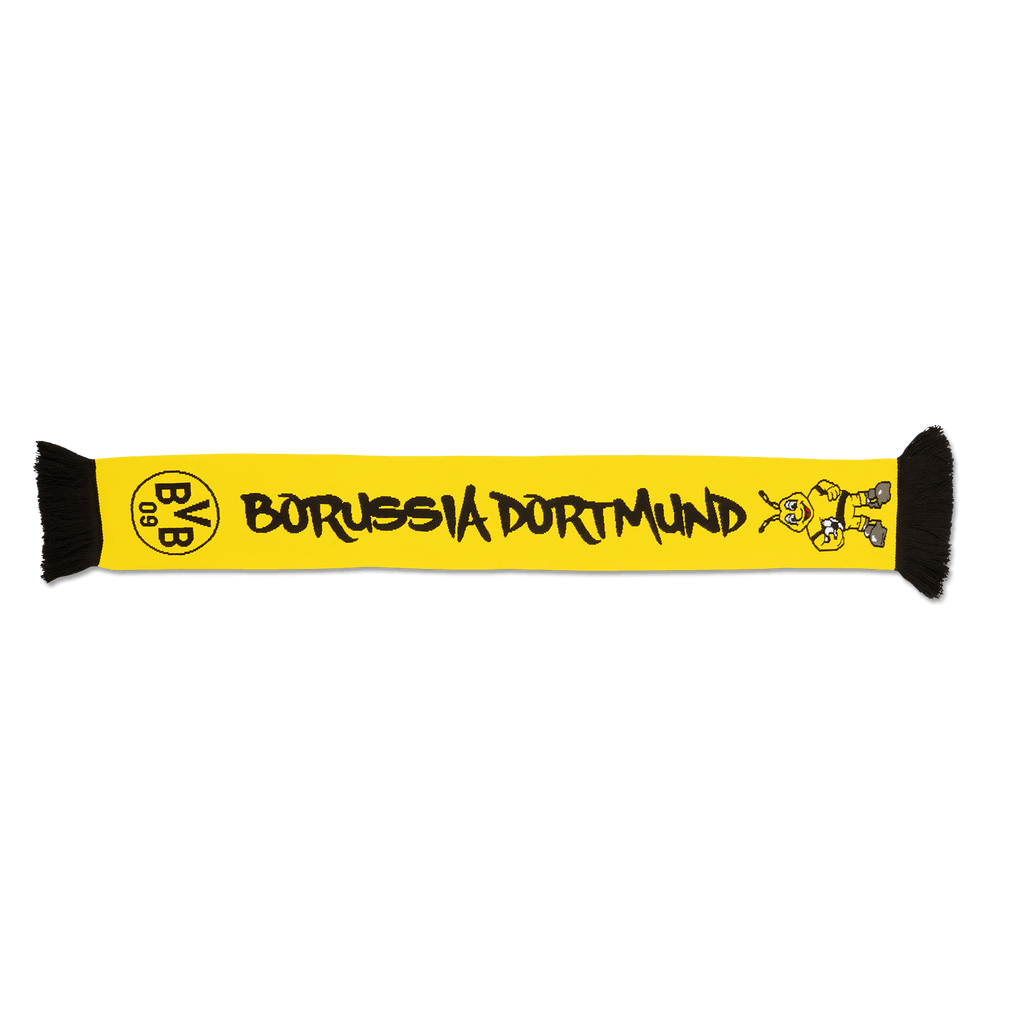 Black-and-yellow BVB reversible scarf with an EMMA design for kids, featuring the club logo and "Borussia Dortmund" lettering; perfect for young fans.