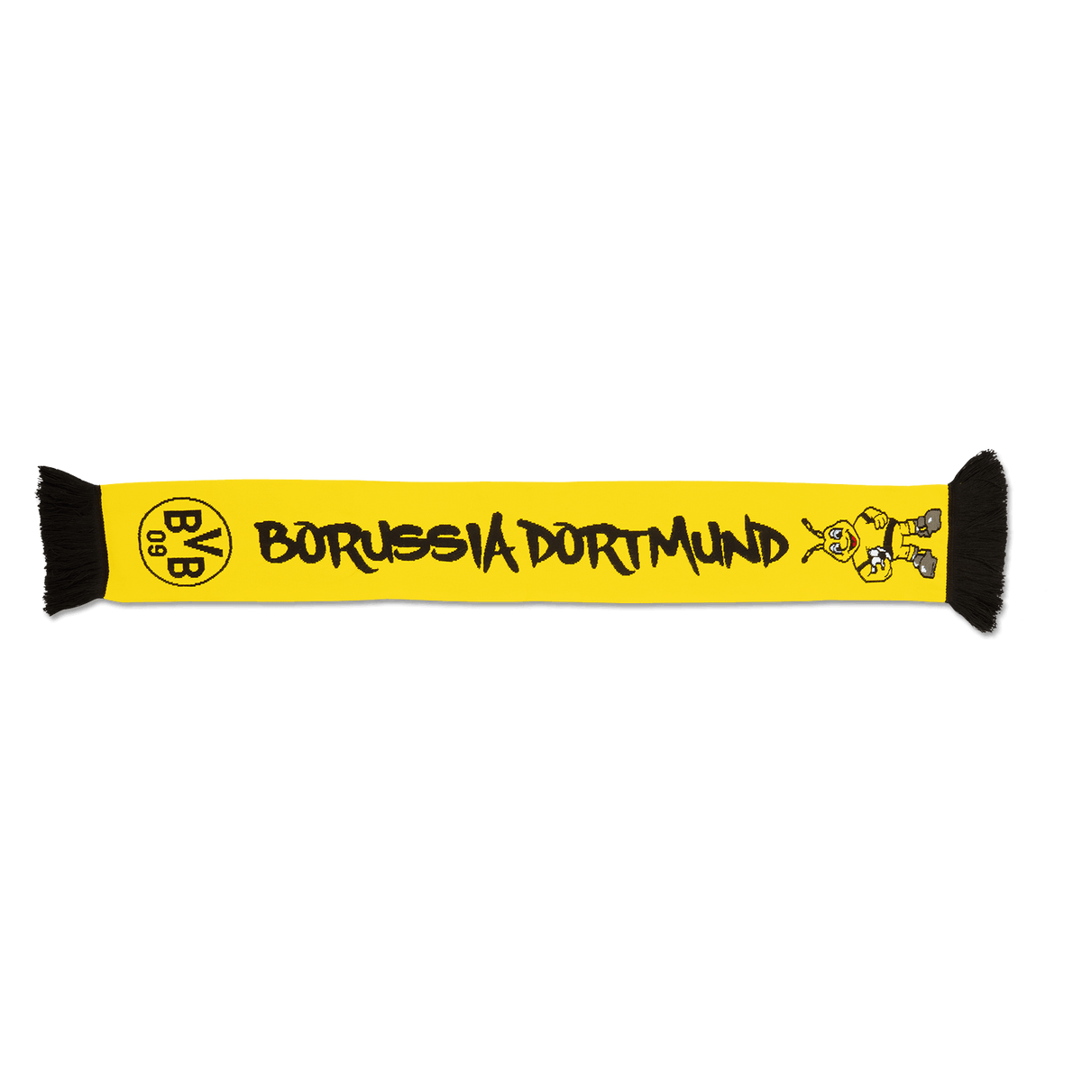 Schwarzgelber BVB-Wendeschal mit EMMA-Motiv für Kinder, ausgestattet mit Vereinslogo und Borussia Dortmund Schriftzug; ideal für junge Fans.