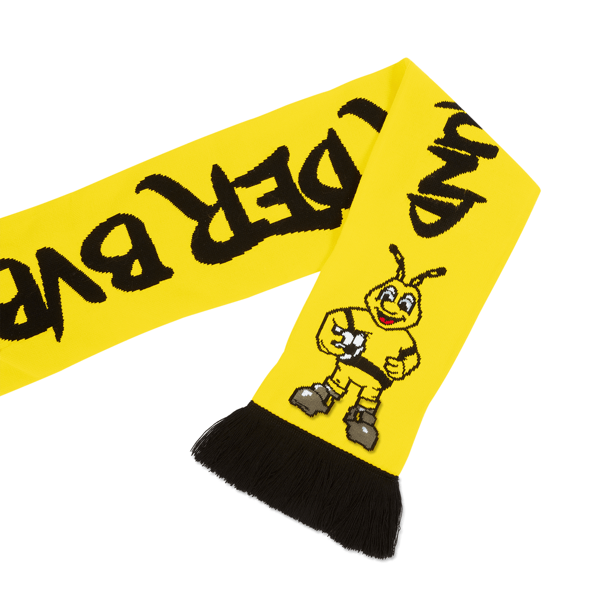 Black and yellow reversible scarf from Borussia Dortmund for kids, featuring the EMMA design and fringe.