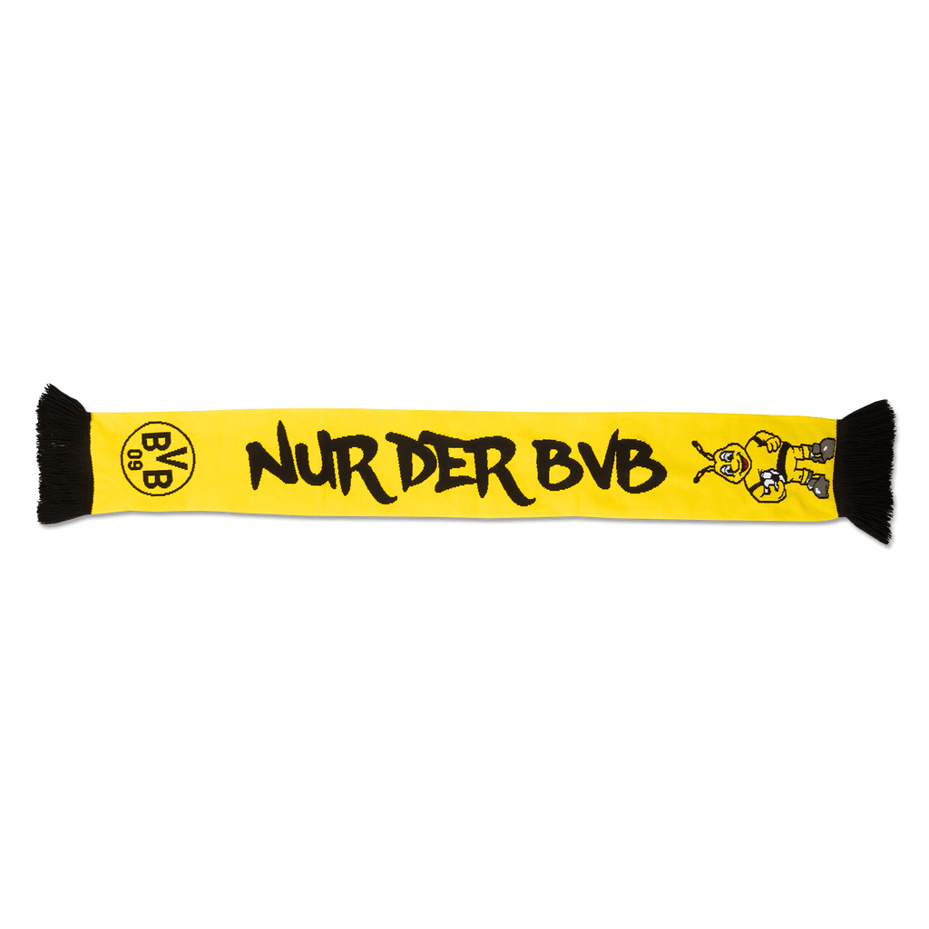 Black-and-yellow reversible scarf for kids featuring the EMMA design and the words "Nur der BVB," perfect for young Borussia Dortmund fans.