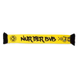 Sciarpa reversibile nera e gialla per bambini con motivo EMMA e scritta "Nur der BVB", perfetta per i giovani tifosi del Borussia Dortmund.