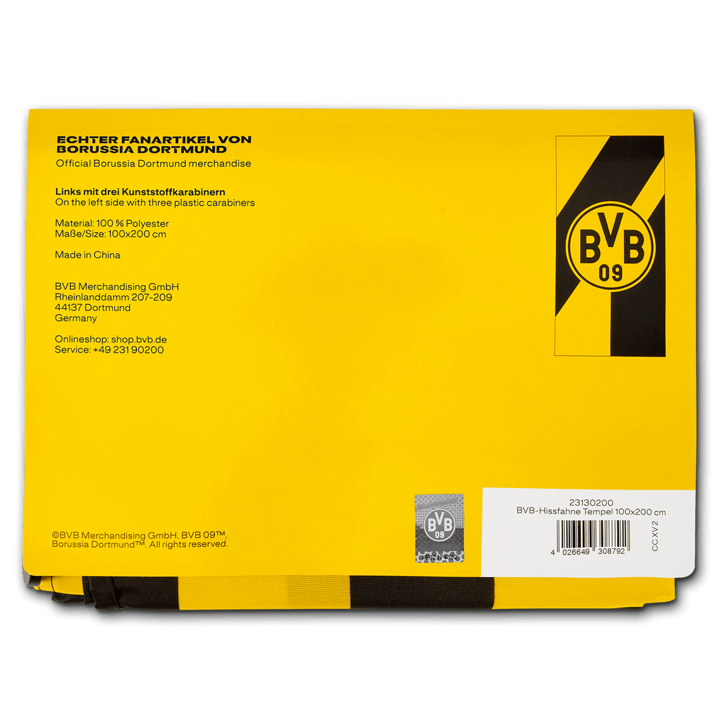 BVB 09のロゴが入った、黒と黄色のデザインのBVB公式ヒスフラッグ。素材：ポリエステル100％、サイズ：100×200 cm。