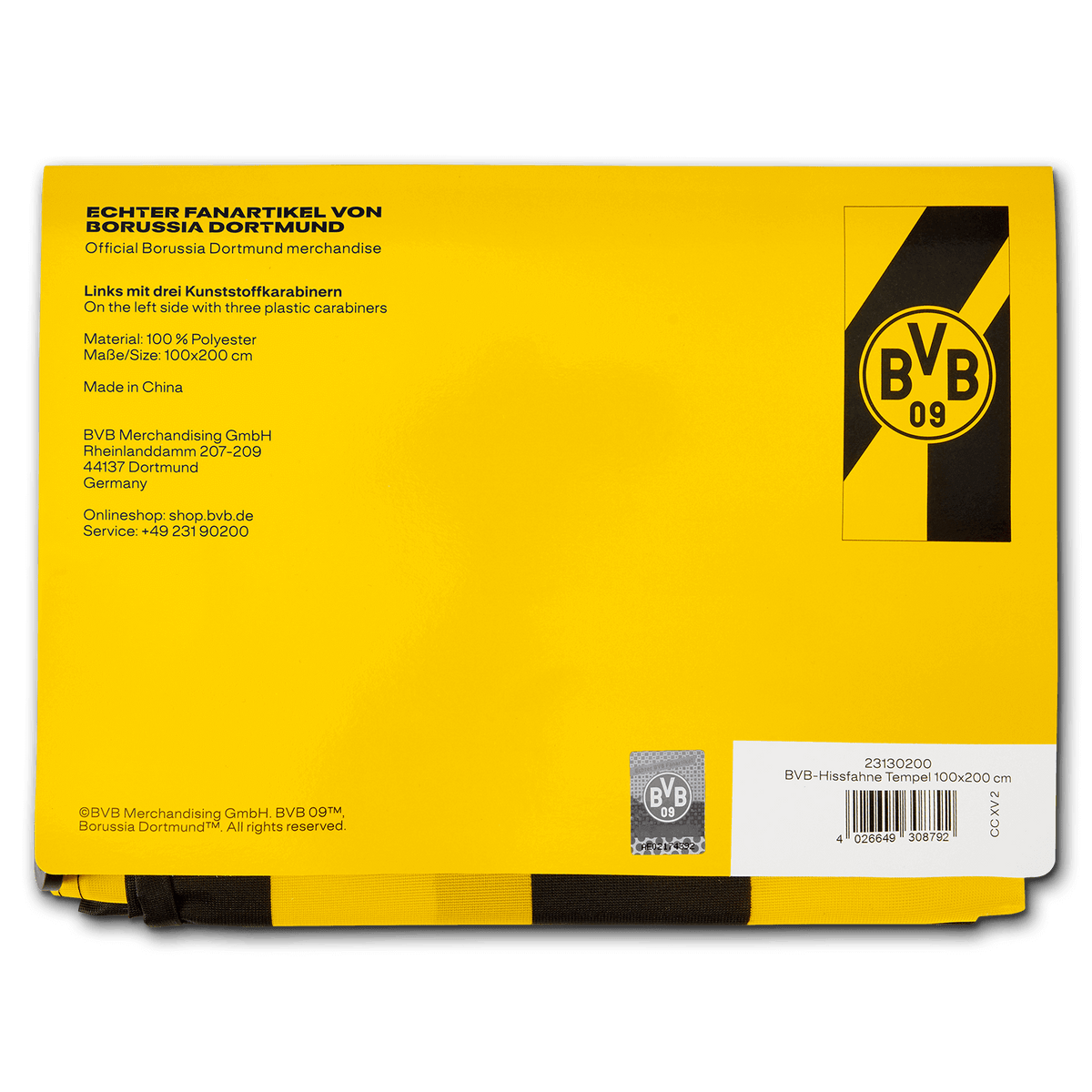 BVB 09のロゴが入った、黒と黄色のデザインのBVB公式ヒスフラッグ。素材：ポリエステル100％、サイズ：100×200 cm。