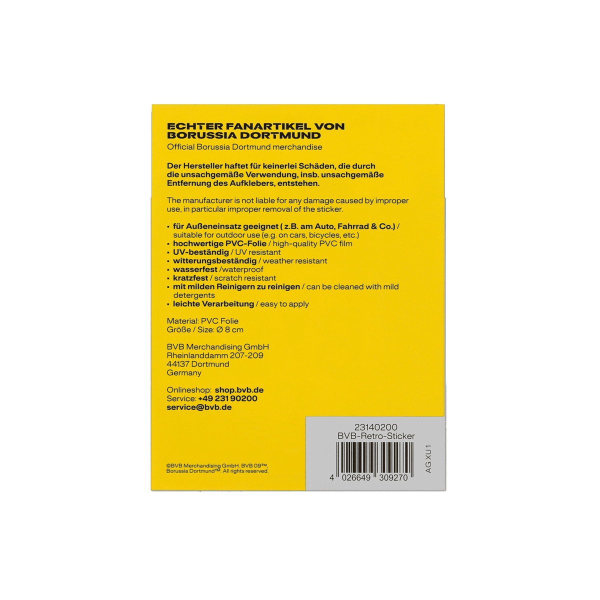 BVB Retro Sticker in wetterfester, UV-beständiger und kratzfester PVC-Folie. Perfekt geeignet als Fanartikel für Außenbereiche wie Autos oder Fahrräder.