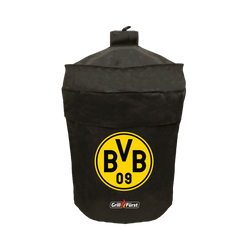 Funda para barbacoas BVB, apta para barbacoas esféricas de hasta 57 cm de diámetro, en color negro con un llamativo logotipo amarillo del BVB y el logotipo de Grillfürst; protección ideal para los aficionados del Borussia Dortmund.