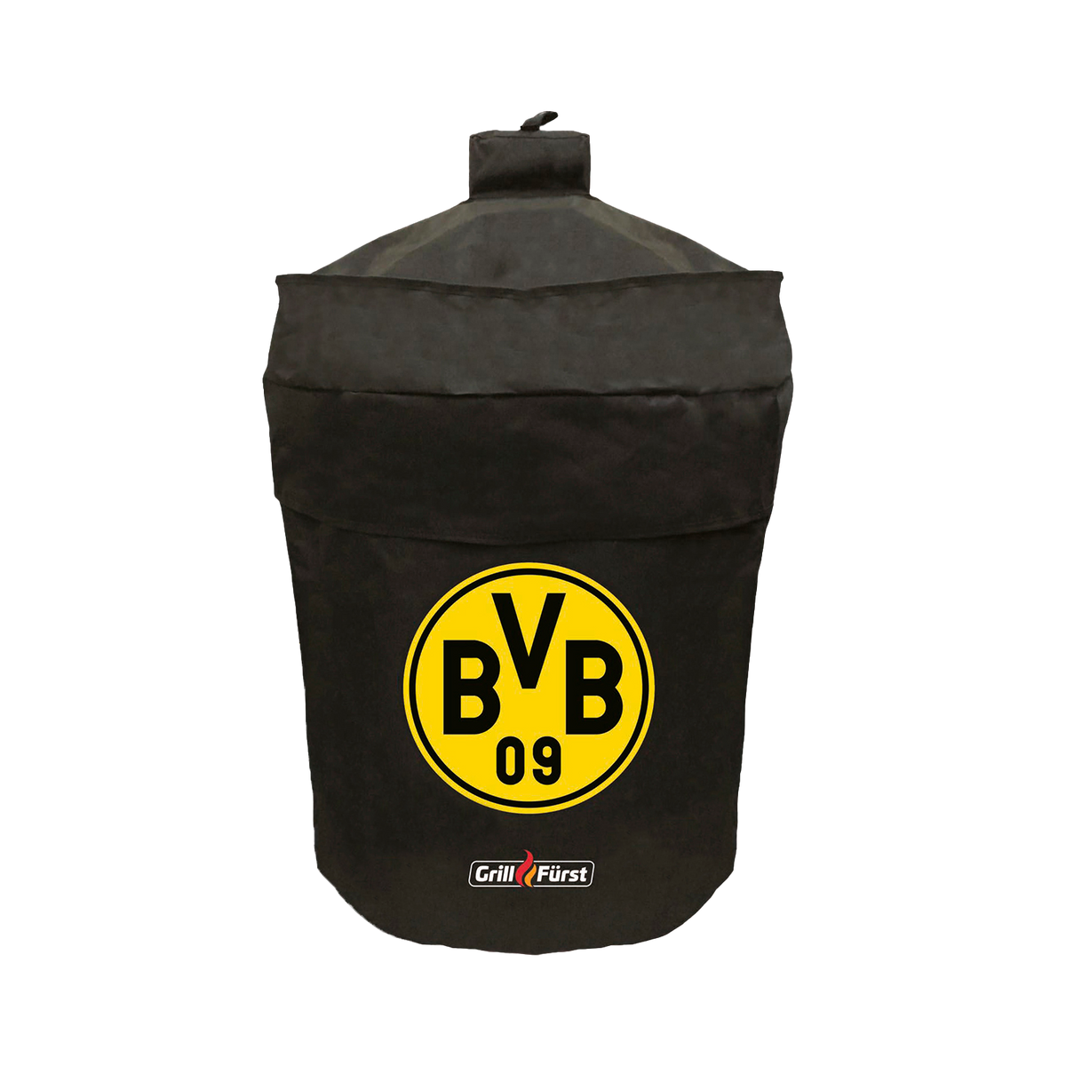 Copertura per barbecue BVB per barbecue a sfera fino a 57 cm di diametro, di colore nero con un accattivante logo BVB giallo e il logo Grillfürst, protezione ideale per i tifosi del Borussia Dortmund.
