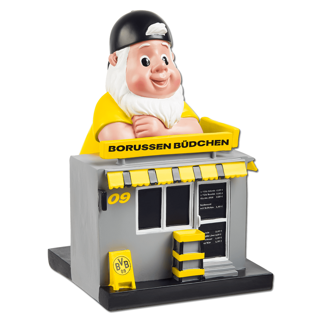 Nain de jardin du BVB servant de décoration, en forme de kiosque portant l'inscription « Borussen Büdchen », aux couleurs noir et jaune, avec des détails tels que les prix et le logo du BVB.
