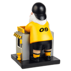 A black-and-yellow BVB garden gnome wearing a jersey with the number 09, leaning against a Borussia kiosk. The perfect decoration for Borussia Dortmund fans.
