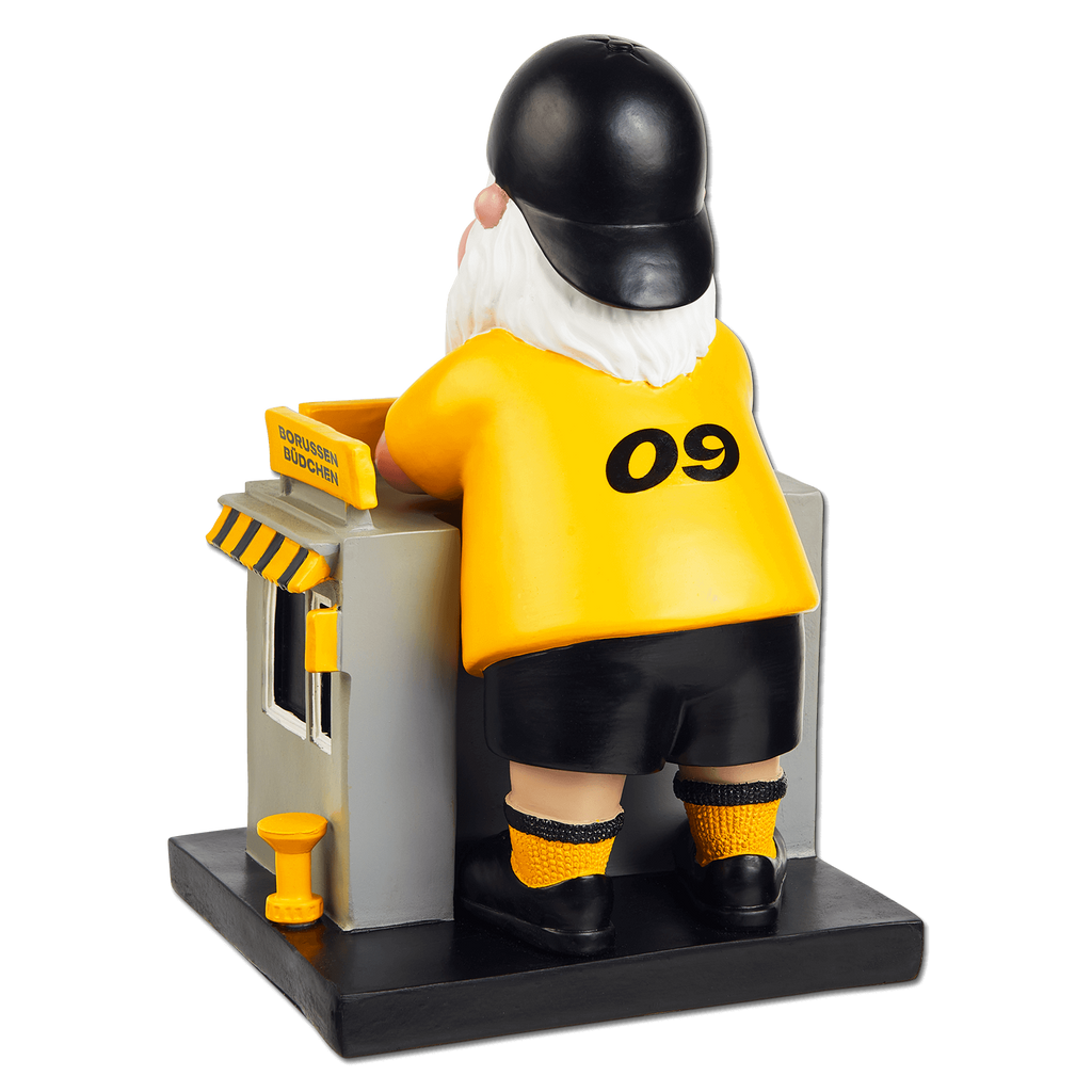 Nain de jardin du BVB noir et jaune, vêtu d'un maillot portant le numéro 09, appuyé contre une buvette du Borussia. Une décoration idéale pour les supporters du Borussia Dortmund.