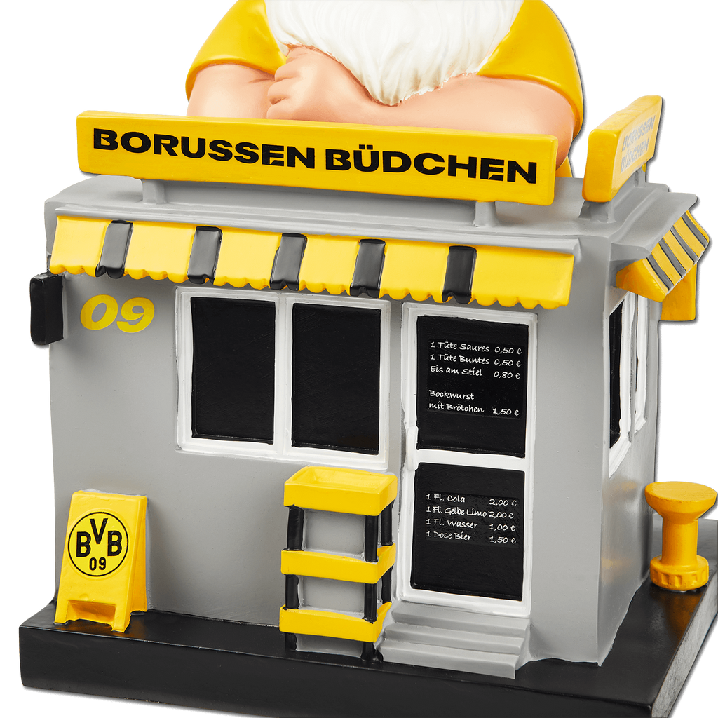 Nain de jardin noir et jaune du BVB, représentant un kiosque typique, orné des couleurs du club et du logo du Borussia Dortmund. Idéal comme décoration pour les fans ou comme cadeau.