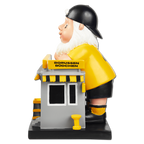 Nain de jardin aux couleurs du BVB, en noir et jaune, posé devant un kiosque du Borussia. Idéal comme objet de collection ou comme décoration pour les supporters du Borussia Dortmund.