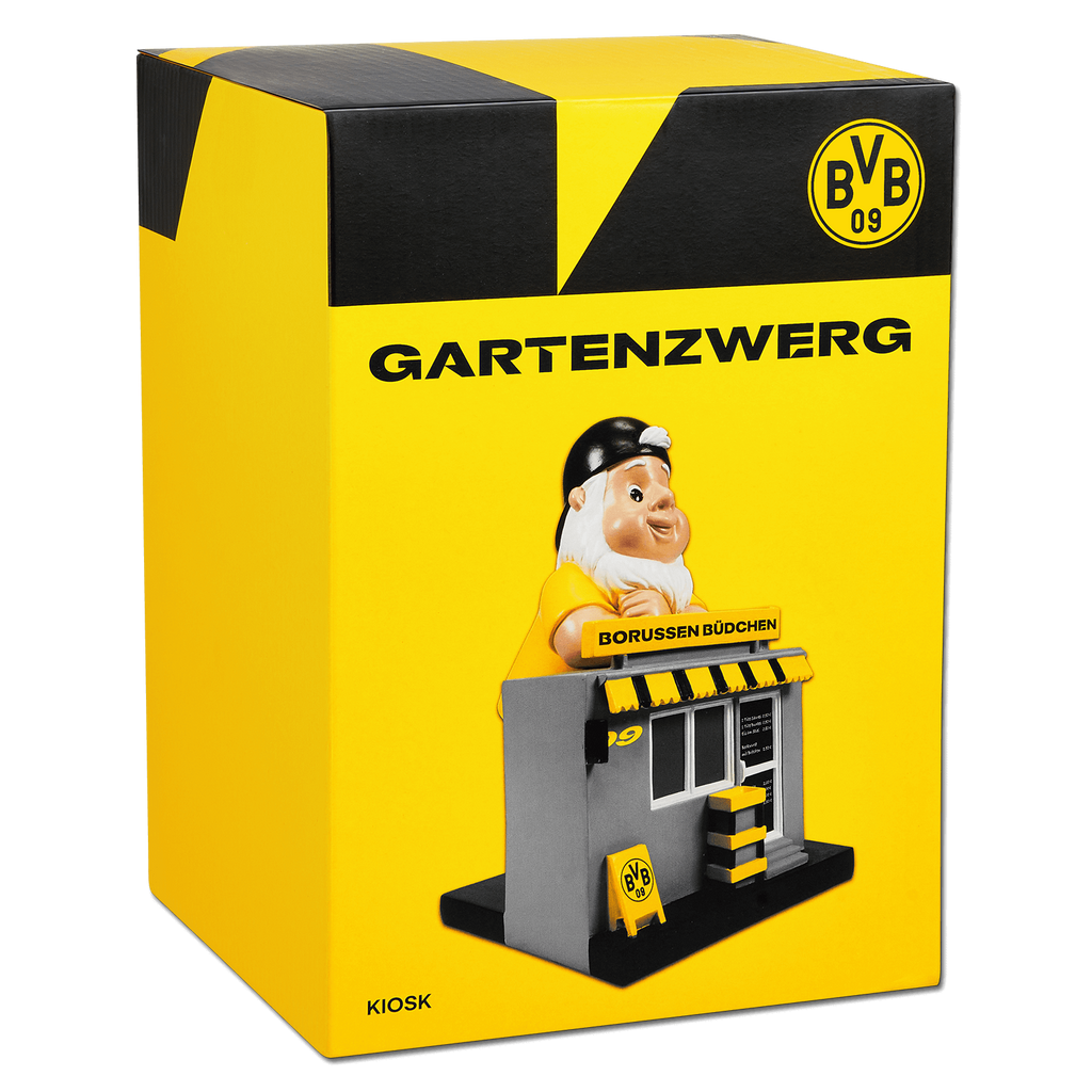 Nain de jardin noir et jaune du BVB, disponible au kiosque, avec le logo du Borussia, idéal pour les supporters et parfait comme cadeau décoratif.
