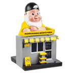 Nain de jardin du BVB servant de décoration, en forme de kiosque portant l'inscription « Borussen Büdchen », aux couleurs noir et jaune, avec des détails tels que les prix et le logo du BVB.