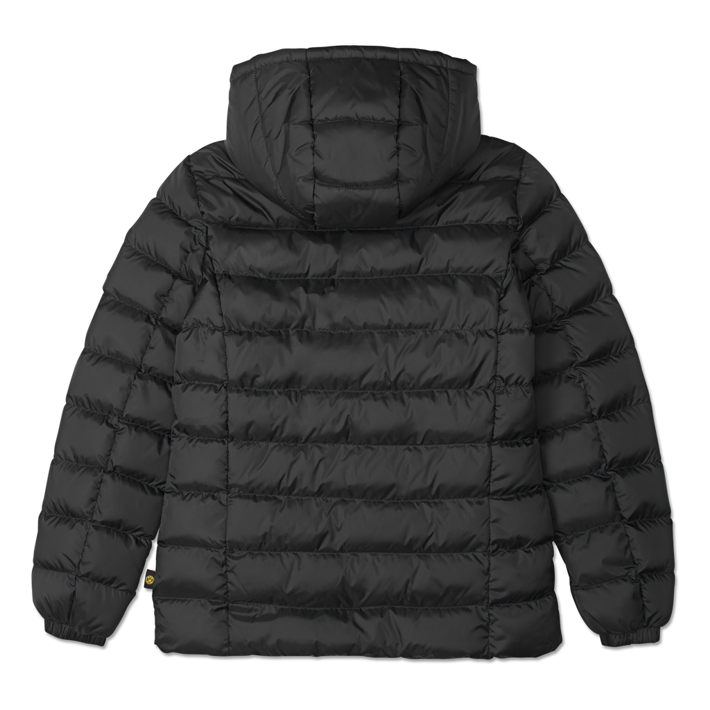Schwarze BVB Damen-Steppjacke mit Kapuze und Steppdesign, Rückansicht.