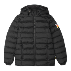 Veste matelassée noire pour femme du BVB, avec capuche, fermeture éclair apparente, poches latérales et écusson du BVB cousu sur la manche.
