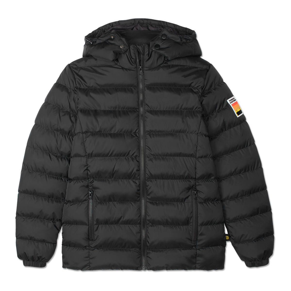 Schwarze Damen-BVB-Steppjacke mit Kapuze, sichtbarem Reißverschluss, seitlichen Taschen und aufgenähtem BVB-Emblem am Arm.