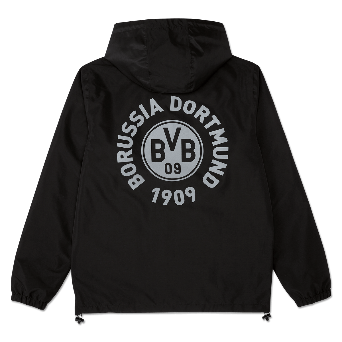 黑色多特蒙德（BVB）雨衣，背面印有醒目的“Borussia Dortmund 1909”字样及BVB标志，带连帽设计，非常适合球迷穿着，也是恶劣天气下的理想之选。