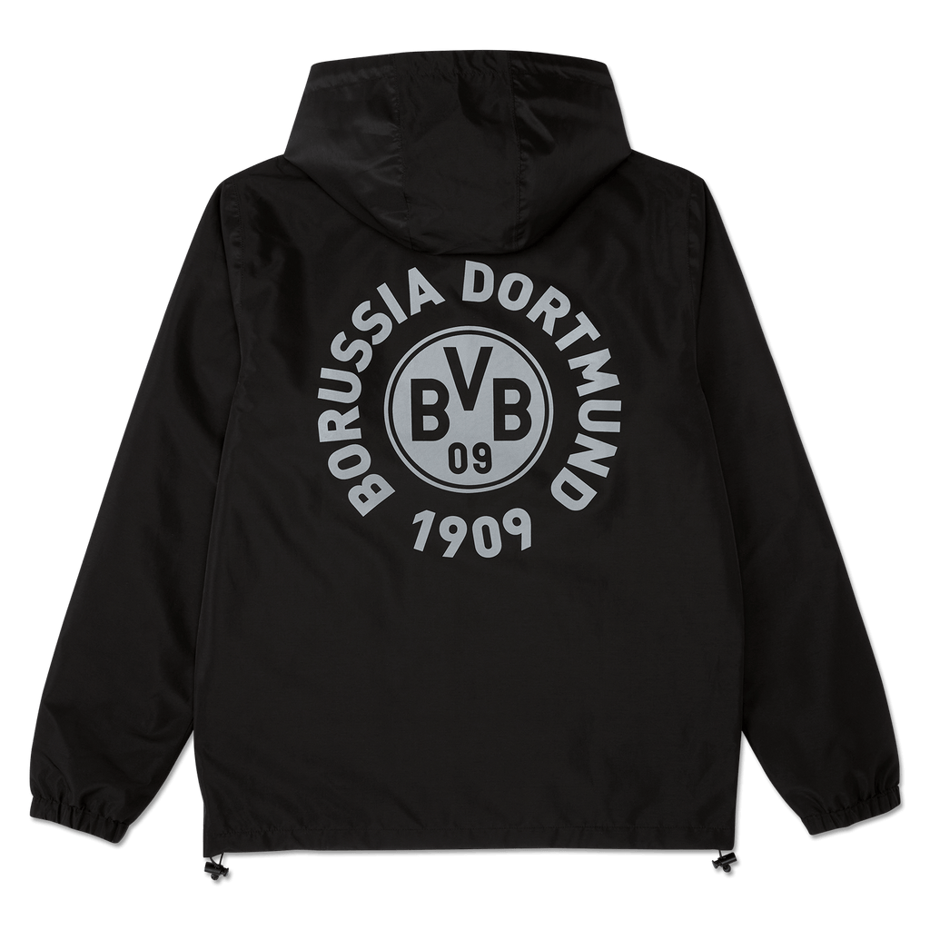 Chaqueta impermeable negra del BVB con un gran estampado trasero «Borussia Dortmund 1909» y el logotipo del BVB, con capucha, ideal para los aficionados y perfecta para el mal tiempo.