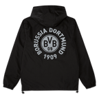 Chaqueta impermeable negra del BVB con un gran estampado trasero «Borussia Dortmund 1909» y el logotipo del BVB, con capucha, ideal para los aficionados y perfecta para el mal tiempo.