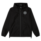 Chaqueta impermeable negra con capucha y cremallera, con el logotipo blanco del BVB en el pecho y bolsillos a ambos lados.