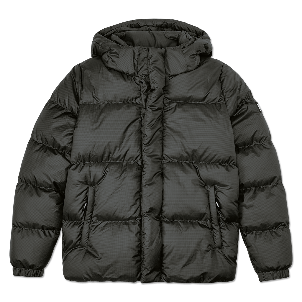 Veste d'hiver pour femme du BVB, noire, à capuche et aspect matelassé, idéale pour les journées froides, vue de face