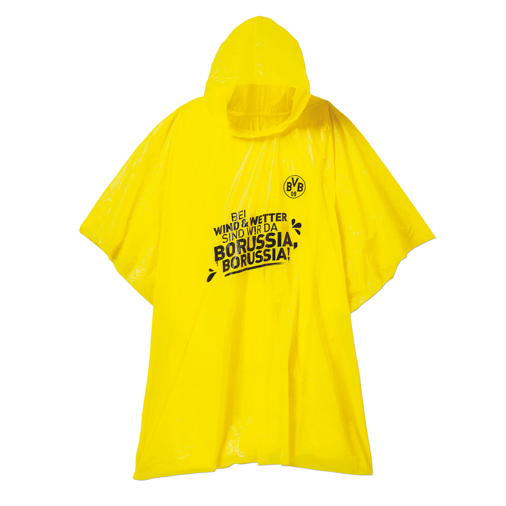 Poncho de pluie jaune du BVB avec capuche, emblème noir du BVB et inscription, idéal pour les jours de pluie et les supporters du Borussia Dortmund.