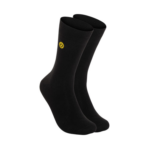 Schwarze BVB-Business-Socken im 2er-Set mit gelbem BVB-Logo, stilvolles Accessoire für Fans.