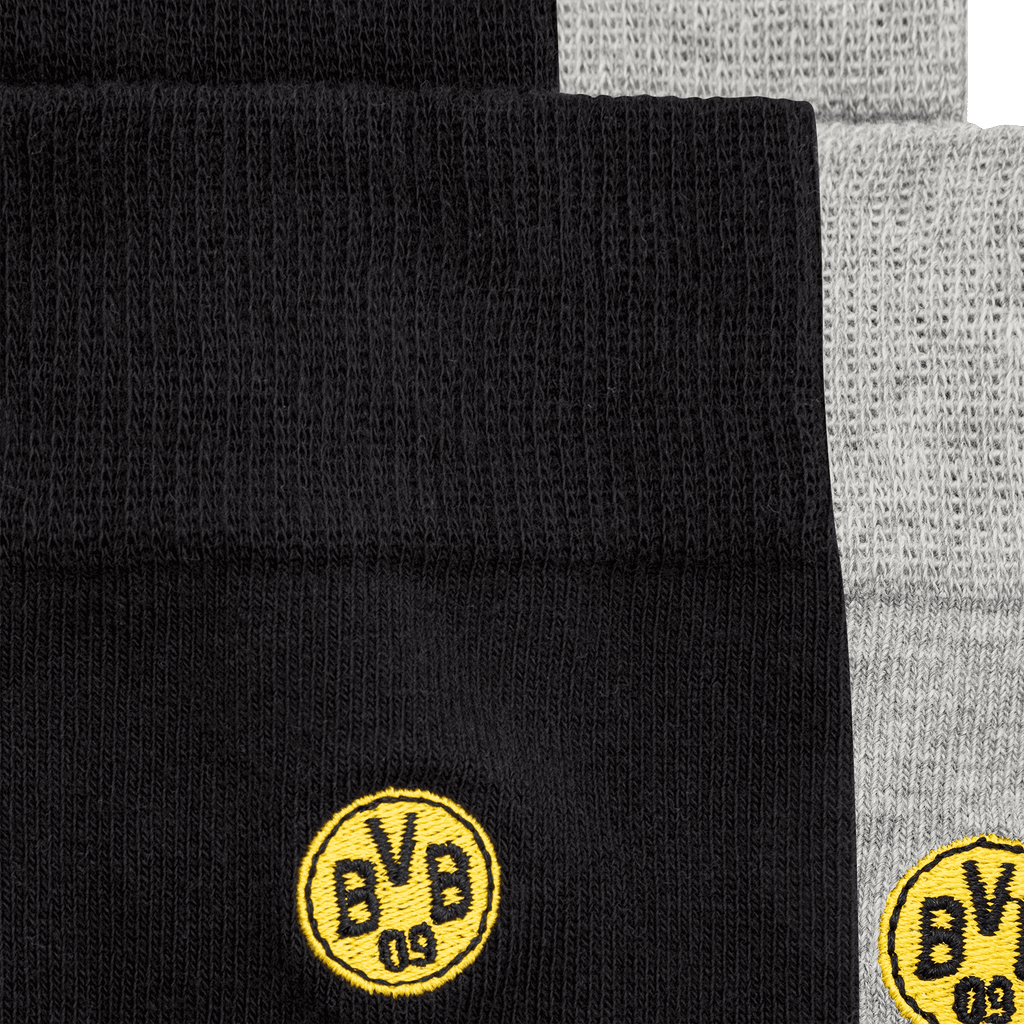 Lot de 2 paires de chaussettes BVB Business en noir et gris, ornées du logo BVB brodé en jaune, idéales pour les supporters du club.