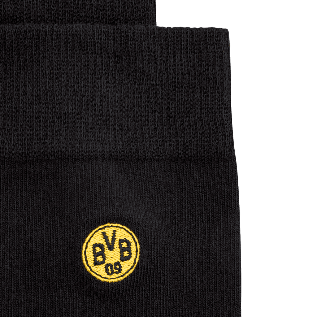 Calcetines de negocios del BVB en negro y amarillo, en un pack de 2 con el logotipo del BVB bordado, ideales para los aficionados del Borussia Dortmund.