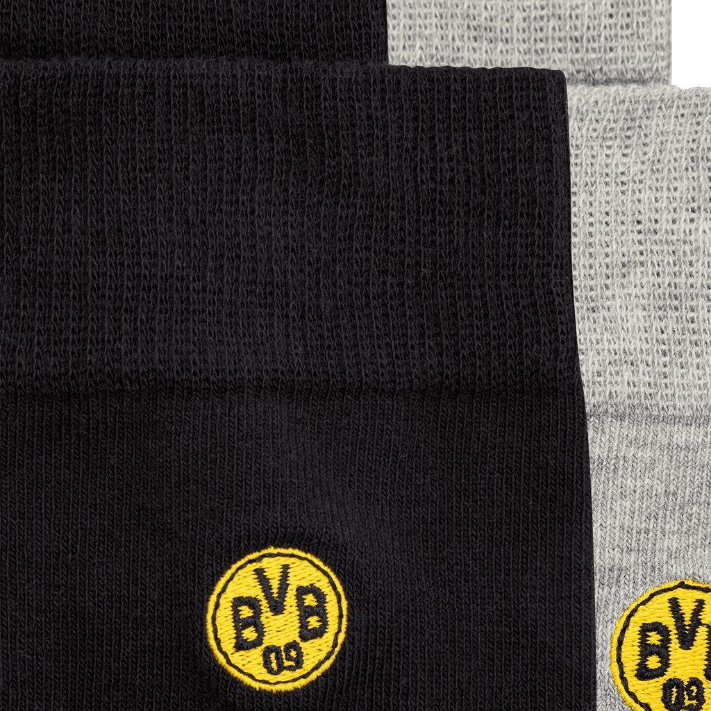 Chaussettes BVB Business (lot de 2) en noir et gris, avec le logo BVB brodé, issues de la collection 23-24. Parfaites pour les fans.