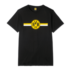 Black BVB CLUB T-shirt with a classic yellow-and-white striped pattern and the BVB logo on the front—perfect for Borussia Dortmund fans.
