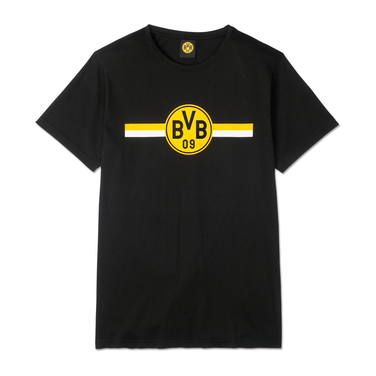 Schwarzes BVB CLUB T-Shirt mit klassischem gelb-weißem Streifenmuster und BVB-Logo auf der Vorderseite, ideal für Fans von Borussia Dortmund.