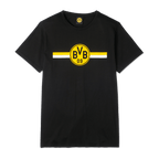 Camiseta negra del BVB CLUB con el clásico diseño a rayas amarillas y blancas y el logotipo del BVB en la parte delantera, ideal para los aficionados del Borussia Dortmund.