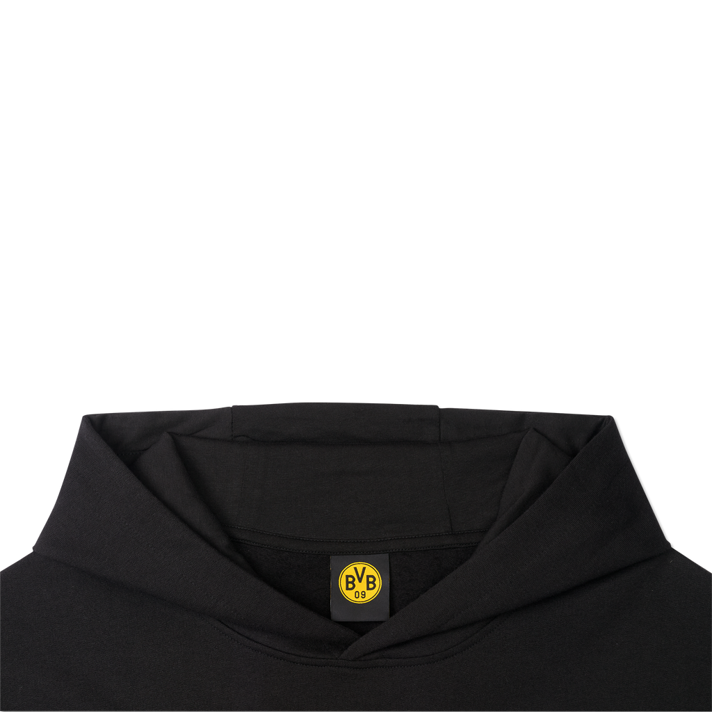 Sweat à capuche noir du BVB avec le logo jaune « BVB-09 » à l'intérieur de la capuche, idéal pour les supporters du Borussia Dortmund.
