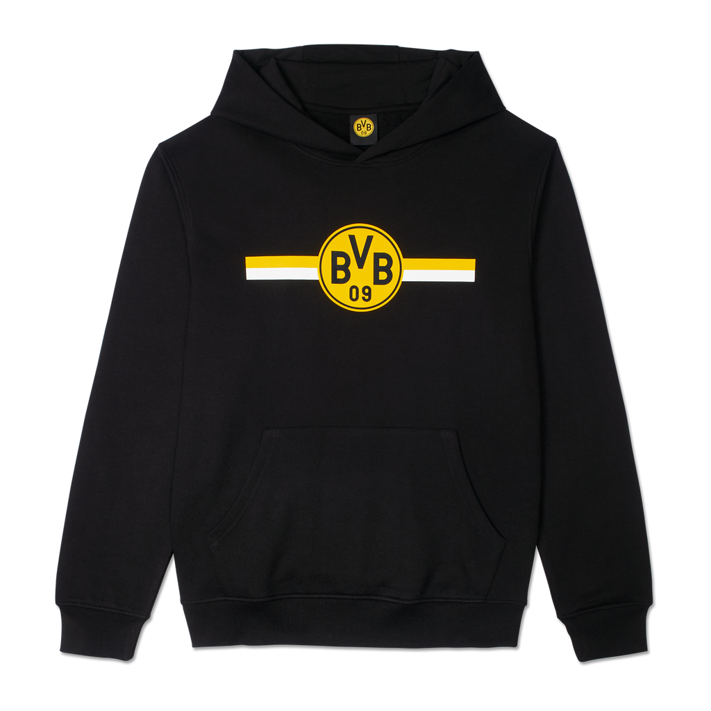 Sweat à capuche noir du BVB, orné d'un grand logo du club jaune et blanc et de rayures sur la poitrine, idéal pour les supporters du Borussia Dortmund.