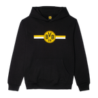Sweat à capuche noir du BVB, orné d'un grand logo du club jaune et blanc et de rayures sur la poitrine, idéal pour les supporters du Borussia Dortmund.