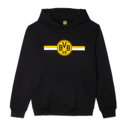 Sweat à capuche noir du BVB, orné d'un grand logo du club jaune et blanc et de rayures sur la poitrine, idéal pour les supporters du Borussia Dortmund.