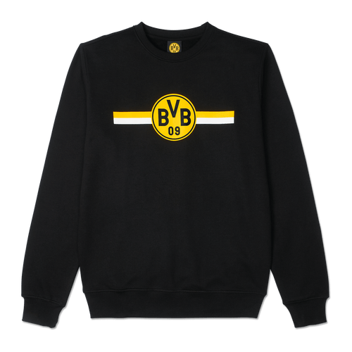 Sweat-shirt noir du BVB, orné d'un logo BVB jaune bien visible et de rayures horizontales blanches et jaunes, idéal pour les supporters du Borussia Dortmund.