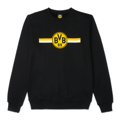 Black BVB club sweatshirt with a prominent yellow BVB logo and horizontal white and yellow stripes, perfect for Borussia Dortmund fans.