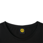 Schwarzes Damen T-Shirt aus der BVB CLUB Kollektion mit gelbem BVB 09-Logo am Kragenbereich, ideal für Fans.