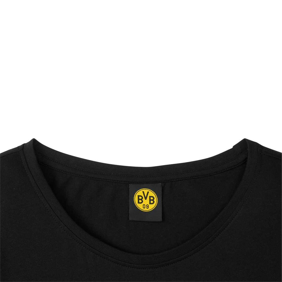 Schwarzes Damen T-Shirt aus der BVB CLUB Kollektion mit gelbem BVB 09-Logo am Kragenbereich, ideal für Fans.