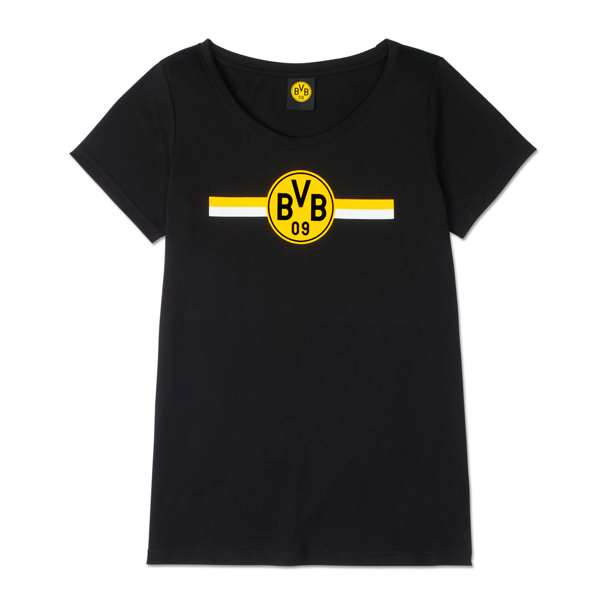 T-shirt noir BVB CLUB pour femme, orné d'un grand logo BVB 09 et de rayures jaunes et blanches sur le devant. Produit officiel du Borussia Dortmund.