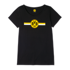 Schwarzes BVB CLUB T-Shirt für Damen mit großem BVB 09-Logo und gelb-weißen Streifen auf der Vorderseite. Offizieller Borussia Dortmund Fanartikel.
